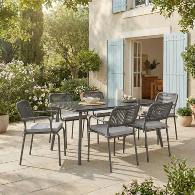 Produktbild von Gartenmöbel Set VOLONTE 1 Tisch 6 Stühle, Grau – Wetterfeste Sitzgruppe mit Glasplatte & Rope-Bespannung für Garten Terrasse Balkon