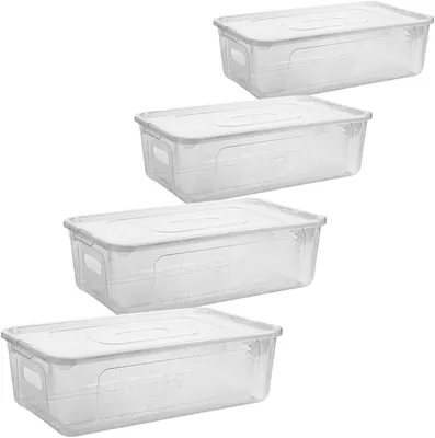 Four clear plastic storage boxes with white lids are stacked diagonally on a white background.