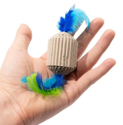 Produktbild von Katzenspielzeug aus Pappe · Kratzpappe mit Federn · 6 x 4 x 4 cm