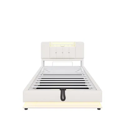 Produktbild von Flieks Hydraulisches Polsterbett 90x200cm mit Usb und Type-C, Einzelbett mit Stauraum, Stauraumbett Jugendbett mit Led, Samt, Beige