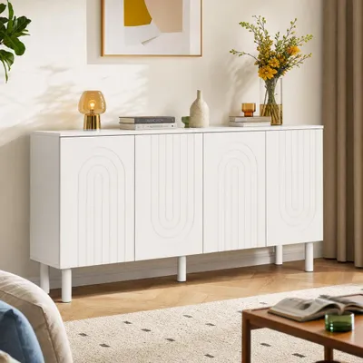 Produktbild von Sideboard Weiß 160x40x80cm mit Relief-Bögen, Grifflos mit Push-to-Open, 4 Türen Stauraumschrank, MDF