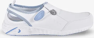 A single white and blue safety shoe is shown from the side against a white background.