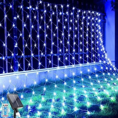Image de Plage lumineuse solaire à LED avec 96 LED, 8 modes, étanche, télécommande, minuterie, 1,5 x 1,5 m, bleu