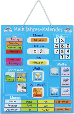 Produktbild von Navaris Kalender Tafel für Kinder - Lerntafel Jahreszeiten Uhr - Magnet Spiel Lernuhr - Kinderkalender Jahreskalender - magnetisch - blau - deutsch