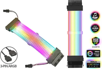 Produktbild von BRAINZAP A-RGB prodlužovací kabel 20+4 / 24 PIN ATX prodlužovací kabel 16AWG 25 cm Aura Asus Asrock MSI Gigabyte