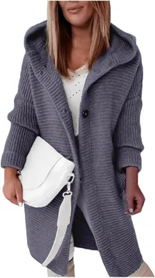 Produktbild von ASKSA Damen Strickjacken Strickmantel Warm Langarm Einfarbig Sweatshirt Grobstrick Hoodie Strickcardigan Mit Kapuze (Violett,M)