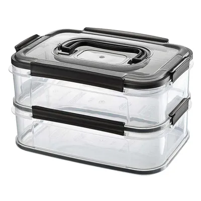 A clear studio shot of a two-tiered food storage container.