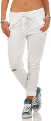 Produktbild von 209 Damen Hose leichte Freizeithose Stoffhose elegante sportliche Damenhose mit Perlen und Rissen Tunnelzug feinen falten One Size Weiß