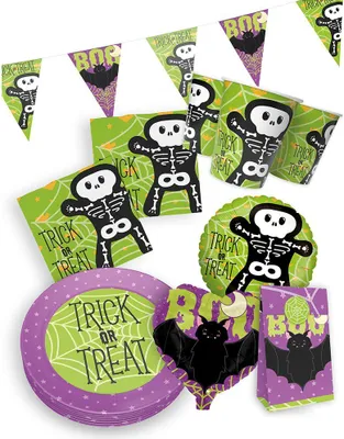 Produktbild von Halloween Partyset 6-teilig – Teller, Becher, Servietten, Wimpel, Tüten, Ballons