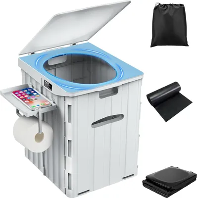 Obrázek produktu pro Přenosná kempingová toaleta vysoká 39 cm - skládací toaleta s víkem a toaletními sáčky - ideální pro kempování a cestování
