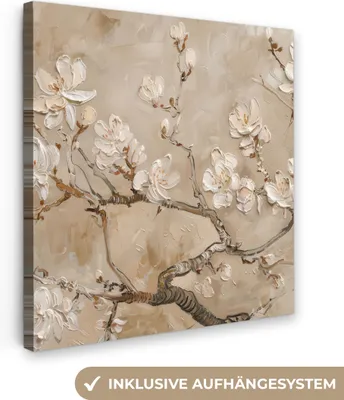 Produktbild von MuchoWow® - Leinwandbilder - Blumen - Modern - Beige - Weiß - Blüte, Wandbild, Wanddeko Bilder Wohnzimmer, 90x90cm