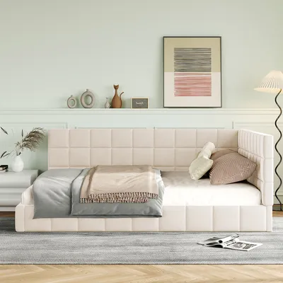 Immagine prodotto di Letto imbottito Okwish 140x200 cm, divano letto matrimoniale con rete a doghe, beige - senza materasso