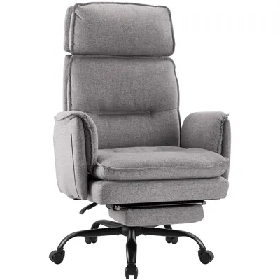 A gray office chair with a headrest and footrest is shown against a white background.