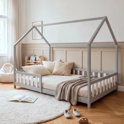 Imagen del producto de Cama infantil "Hesel" con barandillas de seguridad, tamaño 120 x 200 cm, madera de pino, color gris/blanco