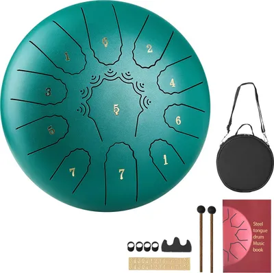 Produktbild von Stahlzungentrommel - Perkussionsinstrument - Durchmesser 25,4 cm - Mit 11 Tönen - Stimmung C-Dur - Inkl. Schlägeln & Notenbuch - Für Meditation, Yoga & Anfänger - Grün