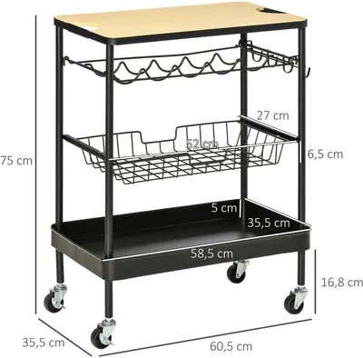 Produktbild von Rollbarer Barkeeperwagen - Schwarz - Getränkewagen - Servierwagen - Barkeeperwagen mit Rädern - Teewagen - Küchenwagen