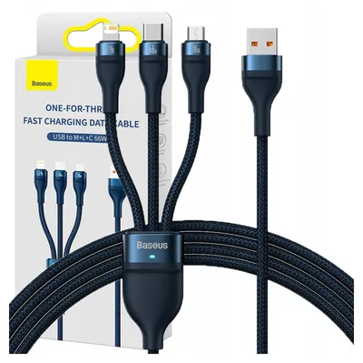 Image de Câble Usb 3W1 Baseus Flash Series, Usb-C + Micro Usb + Lightning, 66W, 1.2M (Niebieski)