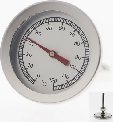 A close-up of a circular dial thermometer.