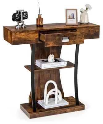 Image de Table console vintage à 3 niveaux, avec tiroir et étagères, couleur marron, dimensions 91x30x88 cm