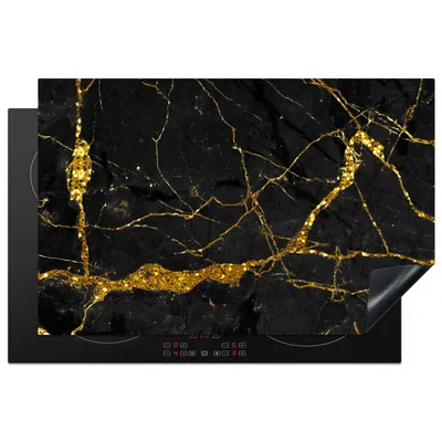 Obrázok produktu pre KitchenYeah® Kryt varnej dosky mramor - zlatý - čierny - mramorový vzhľad - luxusný - trblietavý, 81x52cm, kuchynská dekorácia, keramický kryt varnej dosky, krycia doska na varnú dosku