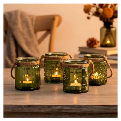 Produktbild von 4er Set Windlichter aus Glas in Grün und Khaki, Höhe 10 cm, Teelichthalter für Tischdekoration