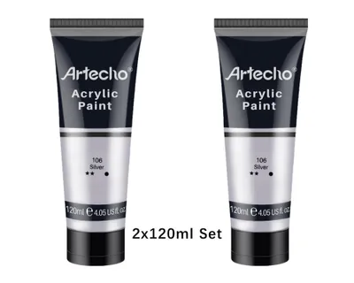 Produktbild von Artecho Acrylfarbe 2 x 120 ml in Silber – Hochpigmentierte, lichtechte & schnell trocknende Künstlerfarbe – für Leinwand, Holz, Stein, Glas uvm.