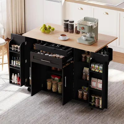 Produktbild von Mobile Kücheninsel mit Küchenwagen, 120 × 45 cm, ausziehbarer Arbeitsplatte bis 70 cm, verdeckter Besteckschublade, verstellbaren Einlegeböden, Gewürzregal und Handtuchhalter, Schwarz