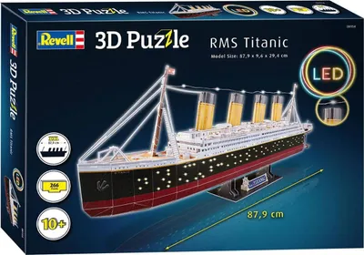 The image shows the packaging of a Revell 3D Puzzle of the RMS Titanic, featuring a prominent image of the assembled puzzle model with LED lights.