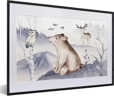 Produktbild von MuchoWow® Gerahmtes Poster Winter - Schnee - Tiere 60x40 cm - Poster mit Schwarzem Bilderrahmen Wandposter Rahmen Foto Bilder - Schlafzimmer - Plakat in Rahmen - Drucken