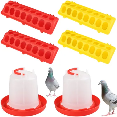 Productafbeelding van Set van 6 drink- en voedersystemen voor kippen, geschikt voor kleine pluimvee. Drink- en voederschaal met deksel. Geschikt voor kleine vogels