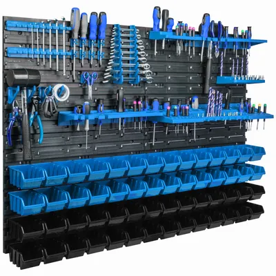 Produktbild von Lagersystem Wandregal 115x78cm, Werkzeughalterungen,  56 stck. Stapelboxen Schüttenregal Sichtlagerkästen, Extra Starke Wandplatten, Regal Erweiterbar, Werkstattregal Lagerregal Werkstattwandregal Ste