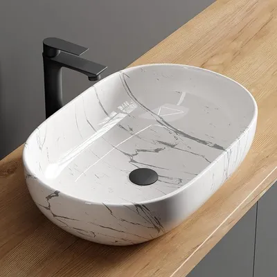 Productafbeelding van Aquil Deluxe wastafel, vierkant | Opzetwastafel voor badkamer en gastentoilet | Handwastafel zonder kraangat en overloop | Wit marmer, 60 x 40 x 15 cm