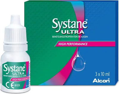 A product shot of Systane Ultra eye drops and its packaging.