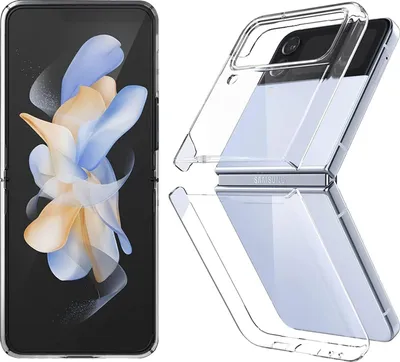 A collage showing a transparent phone case for a Samsung Galaxy Z Flip 4, with one image showing the phone inside the case and another showing the case itself.