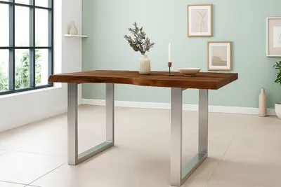 Produktbild von Esstisch Baumkante Akazie massiv 50mm Nussbaum 160 x 85 cm U-Gestell silber CALI