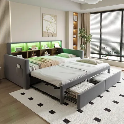 Obrázek produktu pro Rozkládací pohovka 90x190 cm, s LED osvětlením, s USB portem, se zásuvkami, s úložným prostorem, tmavě šedá