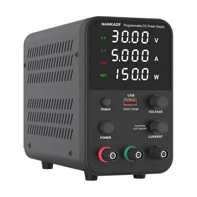 A black programmable DC power supply with a digital display and various controls.