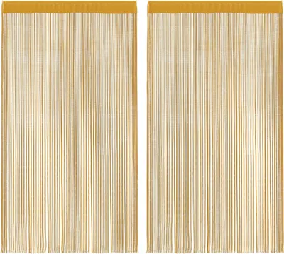 Two golden string curtains hanging side-by-side against a white background.