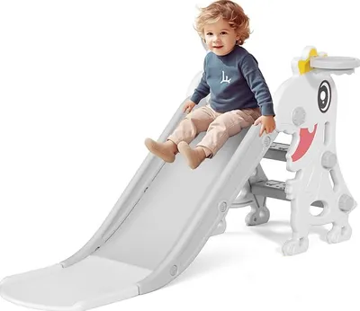 Zdjęcie produktu dla Zjeżdzalnia Dla Dzieci Do Domu I Ogrodu Z Koszykówką Biało Szara