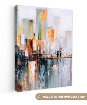 Produktbild von MuchoWow® - Leinwandbilder - Ölgemälde - Skyline - Abstrakt, Wandbild, Wanddeko Bilder Wohnzimmer, 90x120 cm