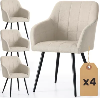 Produktbild von 4er Set Polsterstühle mit quadratischen Ziernähten LUXANO Beige mit schwarzen Beinen Lumos Stoff
