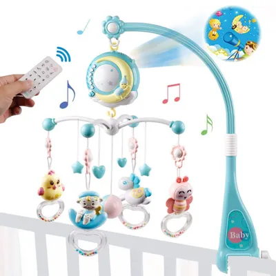Imagen del producto de Ropa de cama para cuna, móvil para cuna infantil con luz, música y proyector, color azul