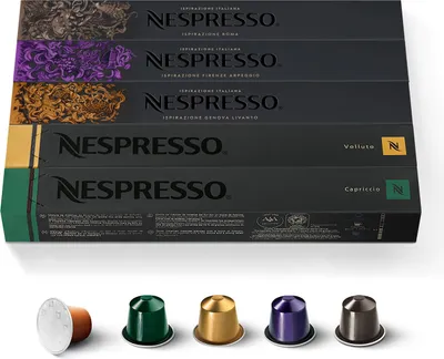 Produktbild von Nespresso ORIGINAL, Auswahl an Espresso Kaffee, helle bis dunklere Röstungen, 50 Kaffeekapseln - 10x Volluto, 10x Capriccio, 10x Livanto, 10x Roma, 10x Arpeggio