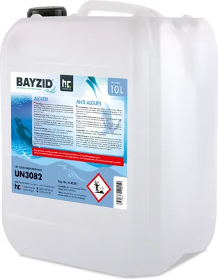 A large white plastic jerrycan with a label for pool cleaning product.