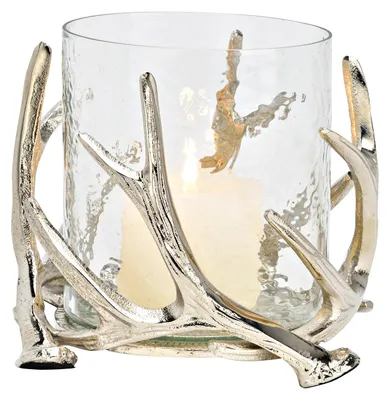 Productafbeelding van Windlicht gewei van metaal en glas, zilverkleurig (B/H/D) 20x17x20cm