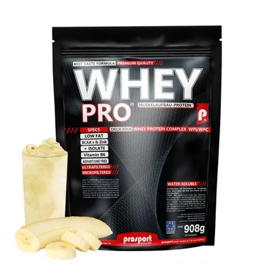 Produktbild von Prosport WHEY PRO® Whey Protein Pulver – Banana 908g – Konzentrat-Isolat-Mix, Eiweißpulver mit Zink, Vitamin B6 & EAAs, Protein Shake für Muskelaufbau