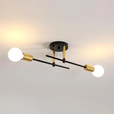 Imagen del producto de Lámpara de techo industrial, negra y dorada, con 2 luces, casquillo E27. Moderna lámpara tipo Sputnik de metal, ideal para salón, dormitorio, cocina o pasillo. Marca: COMELY