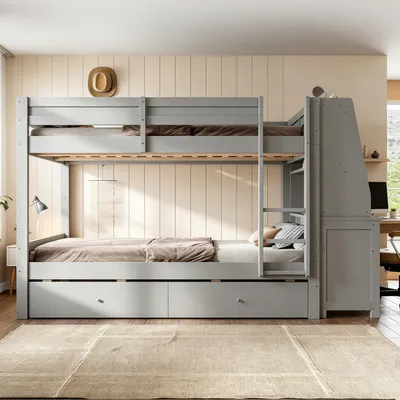 Productafbeelding van okwish Jugendbed 140x200 met geïntegreerd bureau en lades, stapelbed met zijschuif, bedframe in grijs, zonder matras