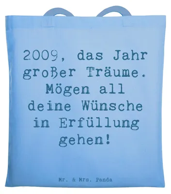 Produktbild von Mr. & Mrs. Panda Jutebeutel Spruch 2009 Geburtstag - Sky Blue - Geschenk, Jahr der Geburt, magische Momente, Tasche, großer Träume, Einkaufstasche, Tote Bag, Jahrestag