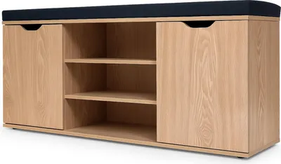 A wooden shoe cabinet with a black upholstered seat on top, shown against a white background.